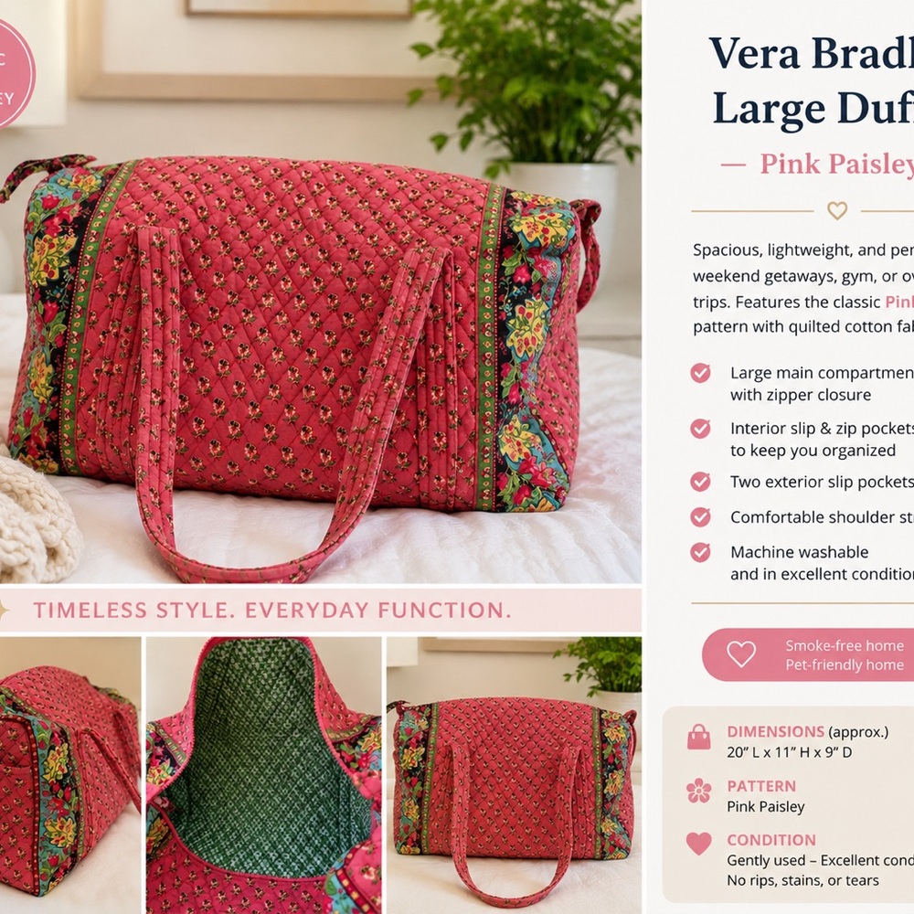 Vera Bradley Quilted Pink Paisley Travel Duffel with Floral Trim
